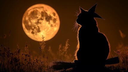 A silhouetted cat wearing a witch hat sits against a glowing full moon, creating a magical and mysterious nighttime scene.