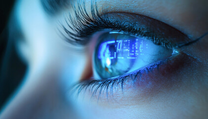 Woman eye reflecting digital data information technology concept