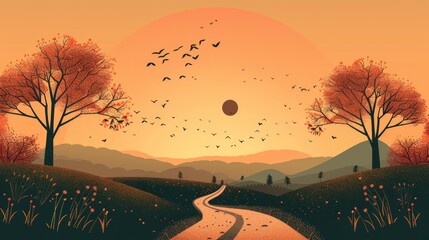 Wall Mural - Autumn Landscape with Winding Road and Flying Birds