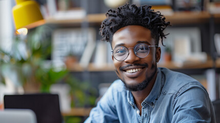 Man smiling in office room.