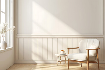 Wall Mural - A white armchair with a wooden frame sits in a bright living room, bathed in natural light.