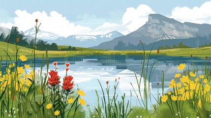 Wall Mural - Summer Landscape with Mountain and Lake