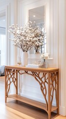 Wall Mural - A stylish wooden console table with a unique branch-shaped design, decorated with a vase of white flowers against a minimalist wall backdrop.