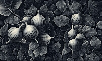 Wall Mural - A black and white drawing of a bunch of figs