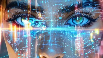 Poster - A woman gazes intently, her vivid blue eyes enhanced by colorful, glowing holograms, creating a mesmerizing, high-tech atmosphere around her.