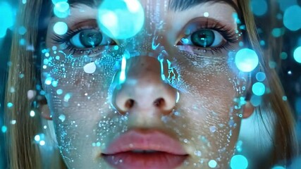 Poster - A young woman is illuminated by glowing digital patterns projected onto her face, creating an ethereal effect in a dark surroundings.