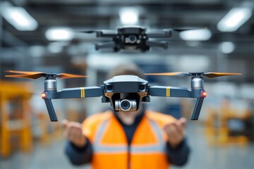 Canvas Print - Futuristic autonomous flying vehicle navigating through a sci fi cityscape representing the future of urban transport and logistics with advanced drone technology