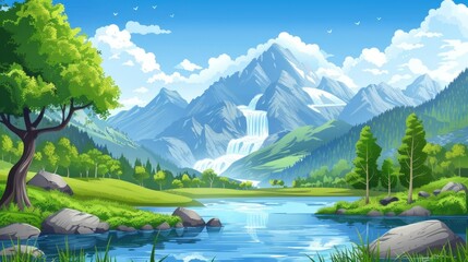 Wall Mural - Majestic Mountain Waterfall and Serenity of Nature