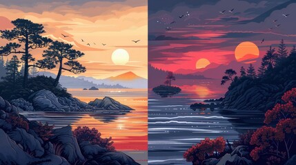 Wall Mural - Two Sides of the Same Sunset: A Divided Landscape