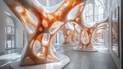 Wall Mural - Abstract light-filled sculptures resembling organic forms in a gallery.