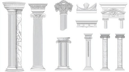 Wall Mural - ancient greek or roman marble columns, pediments, and vintage architecture. linear vector illustrati