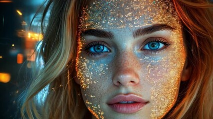 Poster - A young woman with vibrant blue eyes showcases illuminated digital patterns on her face while surrounded by a glowing urban landscape at night.