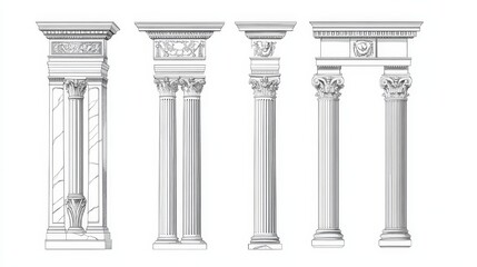 Wall Mural - ancient greek or roman marble columns, pediments, and vintage architecture. linear vector illustrati