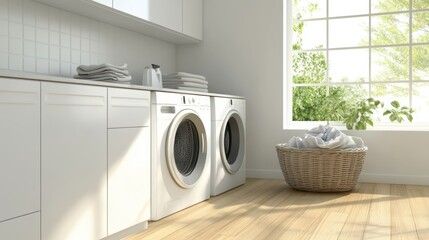 Fototapete - This modern laundry room showcases built-in washing and drying machines, crisp white cabinets, and a basket filled with clean laundry. Generative AI