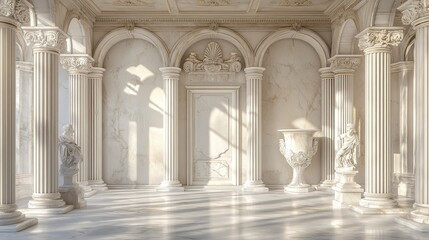 Wall Mural - antique greek marble temple interior with a white stone roman column arch entrance door, a decorativ