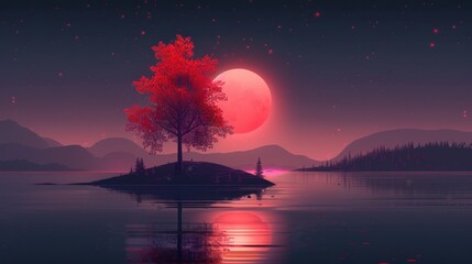 Wall Mural - Red Moon over a Tranquil Lake with a Silhouette Tree