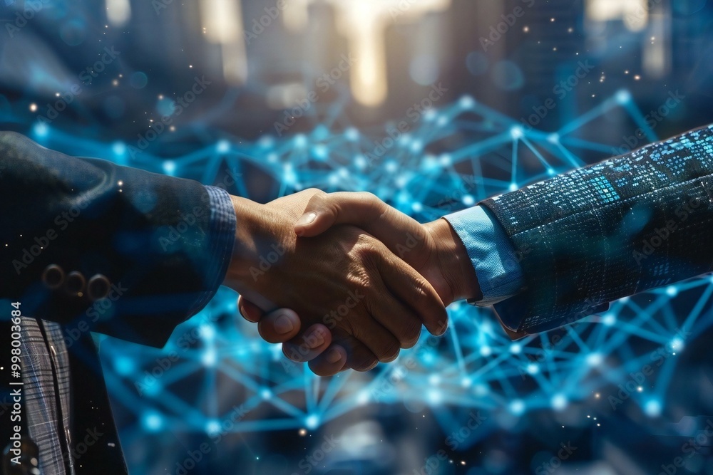Two businessmen shaking hands in a digital partnership, symbolizing ...