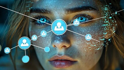 Aufkleber - A woman with captivating blue eyes engages with holographic data while surrounded by a dark, high-tech setting, showcasing digital information and connectivity.