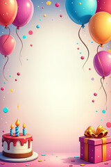 Greeting card. Colorful and festive illustration featuring a birthday celebration with balloons, a cake, and gifts.