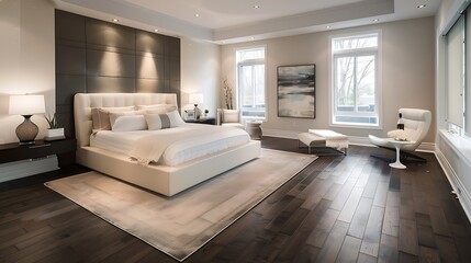 Wall Mural - Contemporary bedroom featuring a neutral color scheme, dark wood flooring, and modern furniture