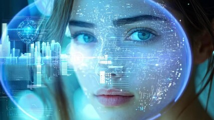 Poster - The young woman looks pensively into the distance while digital data graphics overlay her face, merging technology with human expression in a futuristic setting.