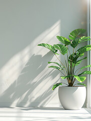 Wall Mural - A large potted houseplant sits in a corner, bathed in natural light, casting a shadow on the wall behind it.