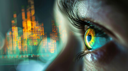 image features close up of eye with vibrant colors, reflecting digital cityscape in background, symbolizing technology and vision