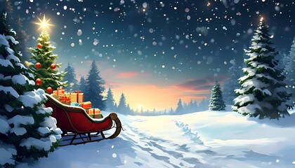 christmas A classic outdoor Christmas backdrop featuring Santa’s sleigh packed with gifts, set against a snowy landscape. Include reindeer, pine trees, and twinkling stars in the night sky