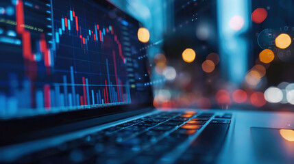 Wall Mural - image showcases close up view of laptop displaying financial data and stock market graphs, with blurred city background creating dynamic atmosphere