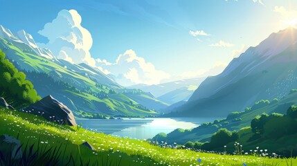 Wall Mural - Serene Mountain Landscape with a Sparkling Lake