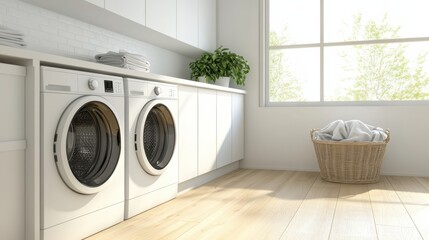 Aufkleber - This laundry room showcases built-in washing and drying machines, complemented by stylish white cabinets and a nearby basket of laundry. Generative AI