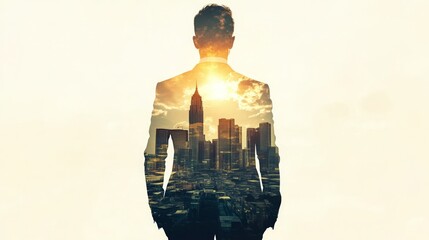 A double exposure of a businessman standing confidently with a city skyline layered over his figure, symbolizing ambition and growth