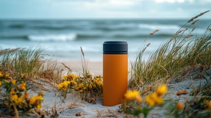 Orange thermos on a sandy beach with yellow flowers and ocean in the background.