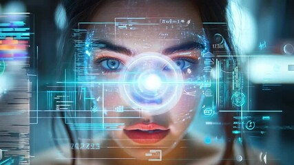 Poster - A woman gazes intently at floating holographic displays, immersed in advanced technology while illuminated by a soft glow in a futuristic setting.