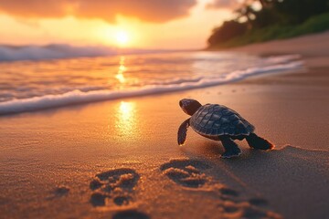 Wall Mural - A baby sea turtle crawls towards the ocean at sunset, leaving footprints in the sand.