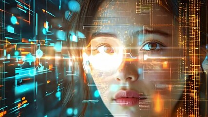 Aufkleber - The young woman looks deeply engaged as holographic information swirls around her in a modern, high-tech environment during the evening.