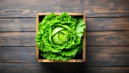 Wall Mural - Fresh iceberg lettuce arrangement in rustic wooden box from above with ample negative space