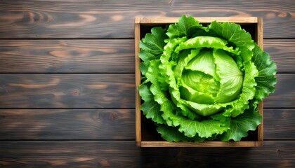 Fresh iceberg lettuce arrangement in rustic wooden box from above with ample negative space