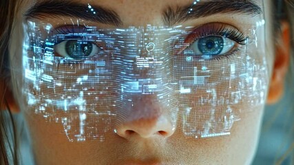 Aufkleber - A young woman’s face illuminated by a holographic interface displays data and images, reflecting technology in a modern, vibrant atmosphere during twilight.