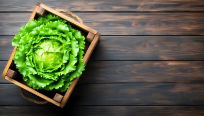 Wall Mural - Fresh iceberg lettuce arrangement in rustic wooden box from above with ample negative space