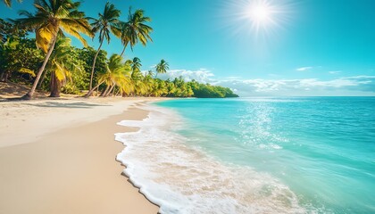 Pristine Tropical Beach with Turquoise Waters and Palm Trees under Bright Sunlight