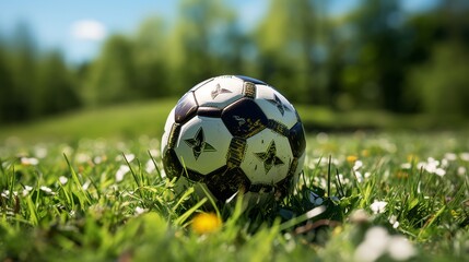 A soccer ball is sitting on the grass in a field