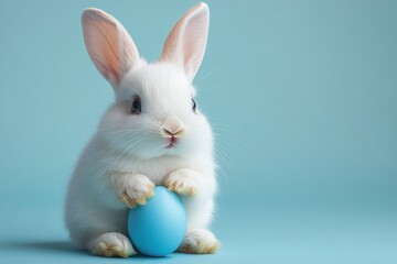 Wall Mural - Adorable Easter Bunny Holding a Blue Egg