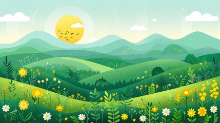 Wall Mural - Sunrise over a Lush Green Mountain Valley