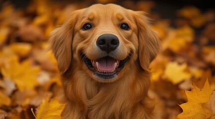 Wall Mural - Golden Retriever in Autumn Leaves