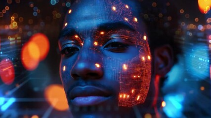Poster - A young man gazes thoughtfully as vibrant digital patterns illuminate his face against a backdrop of bright city lights during the night.