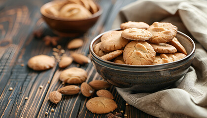 Canvas Print - Bowl of delicious nut shaped cookies with boiled condensed milk on wooden table. Space for text