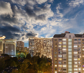 Aerial view of Moscow (night, against the sunset), Cheryomushki district near Profsoyuznaya metro station, Russia