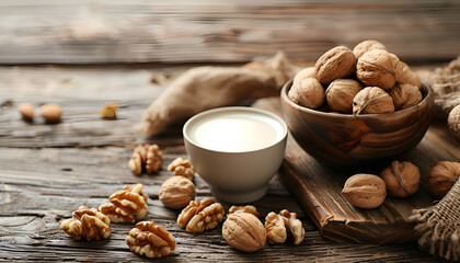 Canvas Print - Bowl of delicious nut shaped cookies with boiled condensed milk on wooden table. Space for text