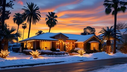 Charming winter wonderland with a warmly illuminated house adorned with festive decorations, snow-dusted palm trees, and a serene twilight backdrop